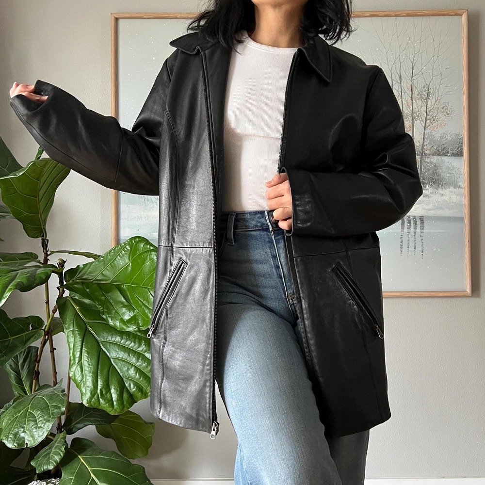 Vintage Black Leather Jacket Minimalist Zip Coat Classic Chic 90s Women‎
